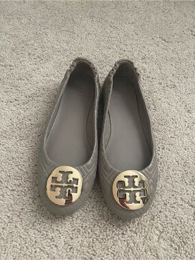 Tory Burch Quilted Gray Ballet Flats with Gold Logo Emblem